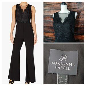 Adrianna Papell Jumpsuit Size 6 Black Lace Mesh Bodice Wide Leg Zip Back Stretch
